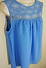 Women AB Studio Lace Shoulder Chiffon Tank Sleeveless Blouse Blue White S M NWT