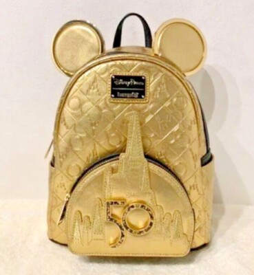Loungefly × WALT DISNEY World 50th anniv. RUCKSACK Tasche GOLD Mickey Schloss...
