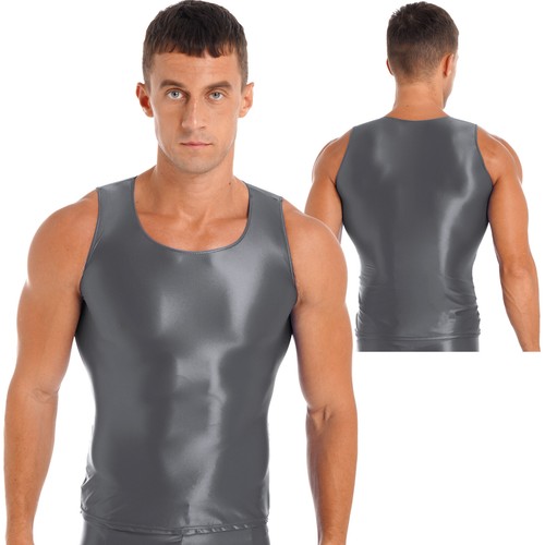 Mens Glossy Smooth Tank Top Stretchy Sleeveless Vest Yoga Gym Fitness Crop Shirt - Picture 25 of 108