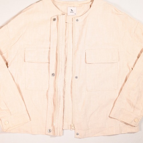 TU Jacket Size UK 16 Beige Neutral Cotton Linen Blend Collarless Chore Relaxed - Picture 6 of 9