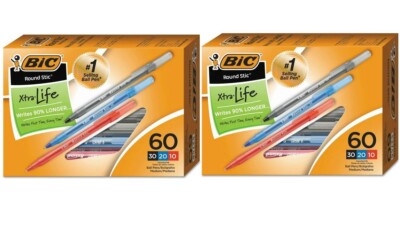 NEW 2 BIC Round Stic Xtra Life 60Ct Ballpoint Pen Medium Point Assorted 120 Pens