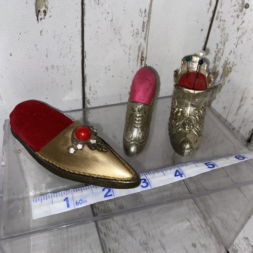 3 VINTAGE VICTORIAN ORNATE PIN CUSHIONS JAMECO AND METAL LADIES SHOE BOOT Lot