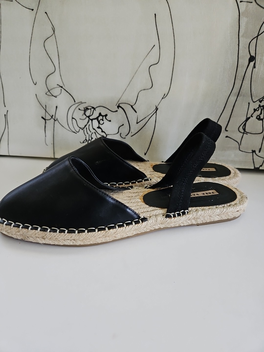 Zara Basic Black Flat Straw Woven Braided Sole El… - image 3