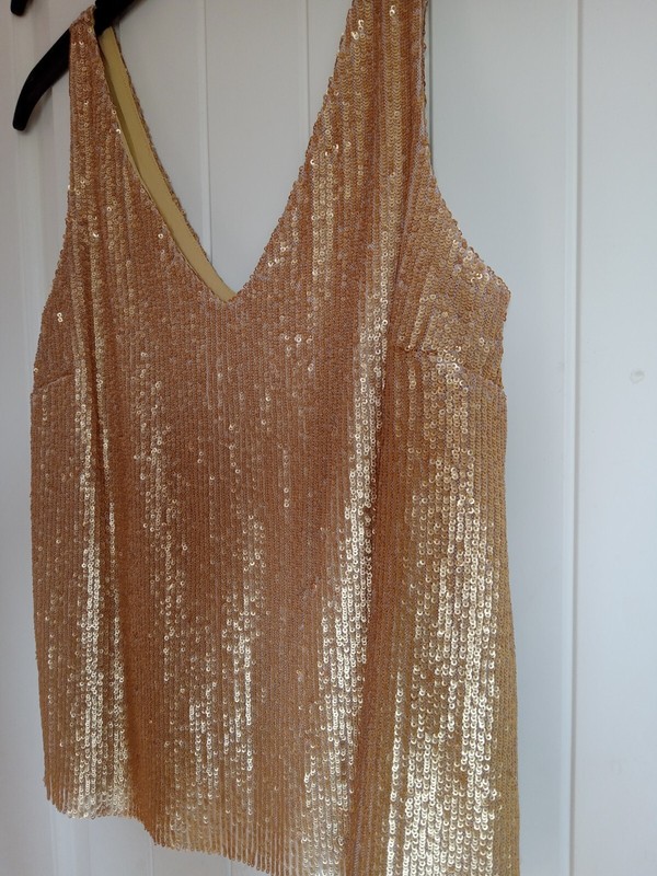 DEANE women designer top blouse dress up gold sequence stretch size XS excellent