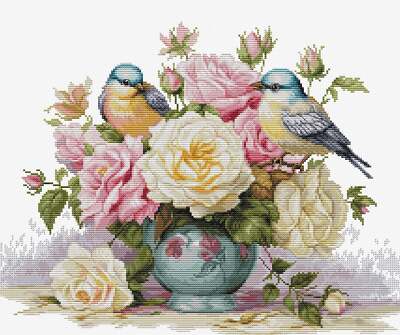 Luca-S Counted Cross-Stitch Kit Vase with Roses and Birds B7038L