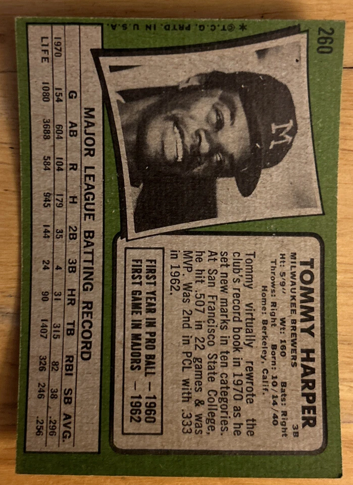 Tarjeta de béisbol 1971 Topps Tommy Harper #260 Brewers tercera base O/C G/VG Foto 2 de 2