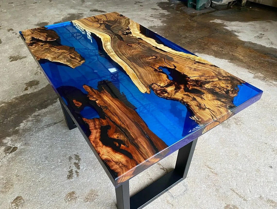 Handmade Blue Epoxy River Dining Table with Wood and Transparent Resin Design-image