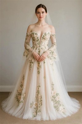 Bell Sleeveless Flower Embroidery Wedding Dress Sweetheart Lace-up Bridal Gown