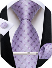 Plaid Ties for Men Silk Checkered Necktie and Pocket Square Cufflinks Tie Clip S