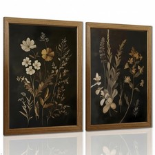 Botanical Wall Art Set of 2 Framed Canvas 12x16, Vintage Dark Floral Plant Pr...
