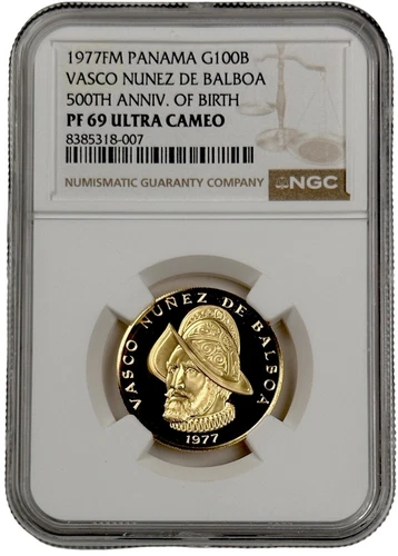 1977 Panama 100 Balboa Vasco Nunez 500th Anniv Birth 0.2361 oz Coin NGC PF 69 UC