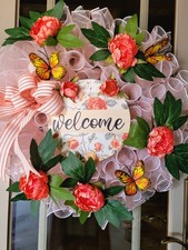 Coral/Peach Deco Mesh Wreath Floral Butterflies 24 In. Handmade