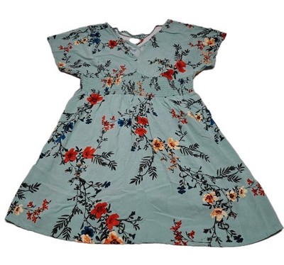 Bebop XL Floral Mini Dress Boho Smocked Waist V-Neck Short Sleeve Rayon Mint...