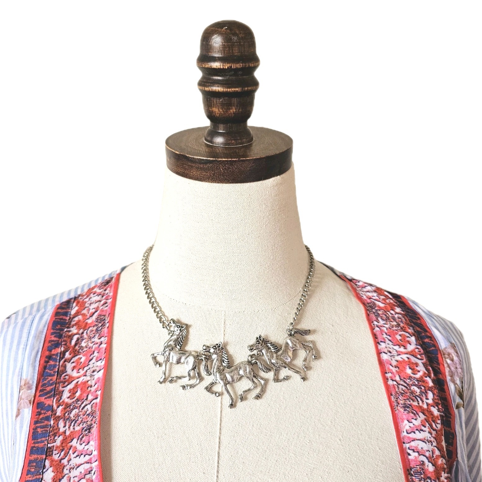 Running Galloping Three Horses Linked Silver Tone… - image 1