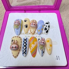 Handmade Hard Gel Press on Nail Art Kit Sz M Labubu Characters Charm Blue Star
