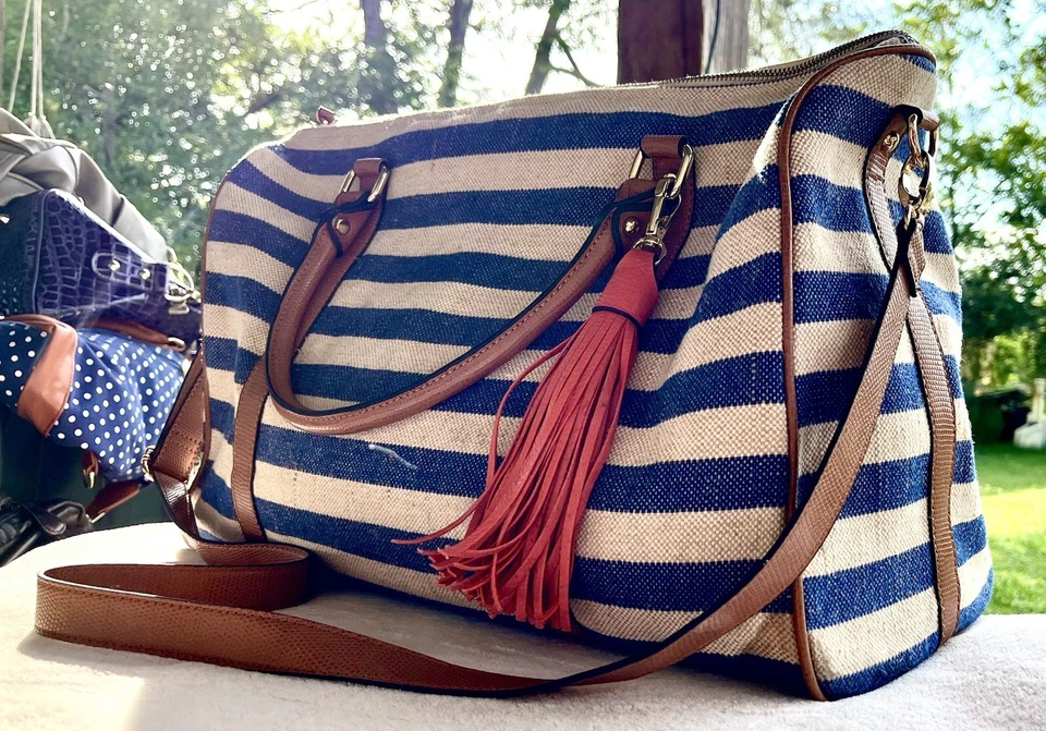 Aldo Canvas Striped Summer Tote Orange Tassel Textured Faux Leather Pre-Owned - Image 3 of 4