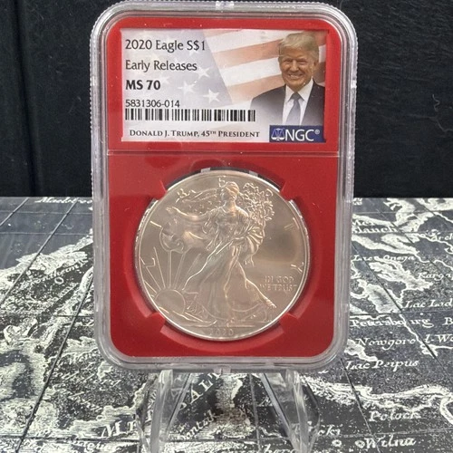 2020 $1 SILVER EAGLE NGC MS70 EARLY RELEASES DONALD TRUMP LABEL RED CORE