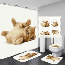 Cute Kitten Cat Bathroom 4 Pieces Set Shower Curtain, Toilet Lid Cover and Ba...