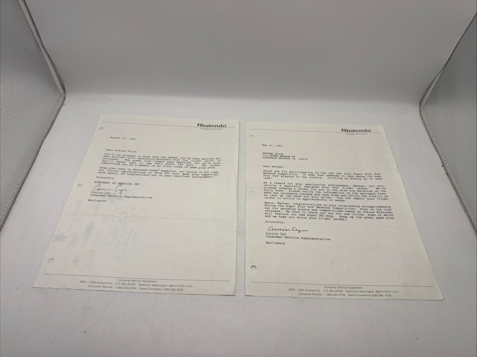 Original 1993 Nintendo “Super Star Fox Weekend” prize letters – lot of 2.