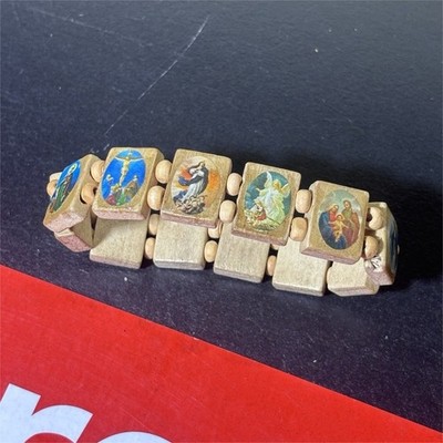 Gold Tone Brass Bar Link Charm Bracelet, Engraved Religious Image Panels,  8''