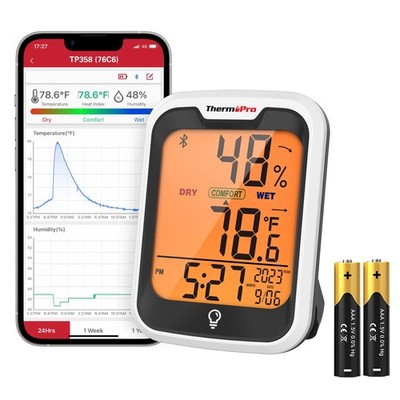 ThermoPro TP358 Bluetooth Thermometer for Room Temperature with Built-in Cloc...