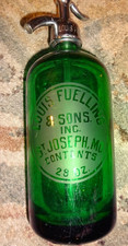 LOUIS FUELLING & SONS, INC. 28 OZ. GREEN SELTZER BOTTLE WITH ORIGINAL ETCHING