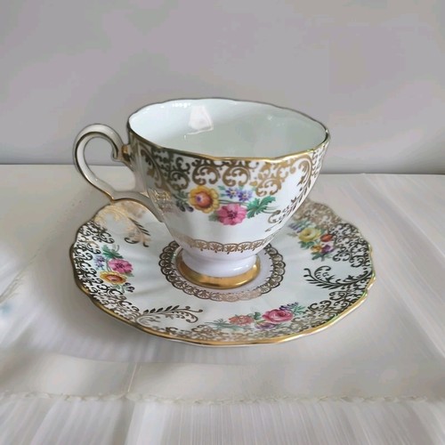 Grosvenor Bone China Teetasse & Untertasse Gold Filigran Himmelblau Blumen Vintage RAR