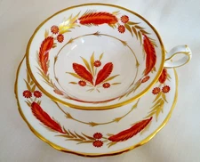 Royal Chelsea Cup Saucer RED FEATHER FLOWERS Wide Mouth Teacup England
