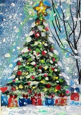 ACEO Original Painting XMAS TREE Landscape Winter Gifts Snow Holiday ATC ART