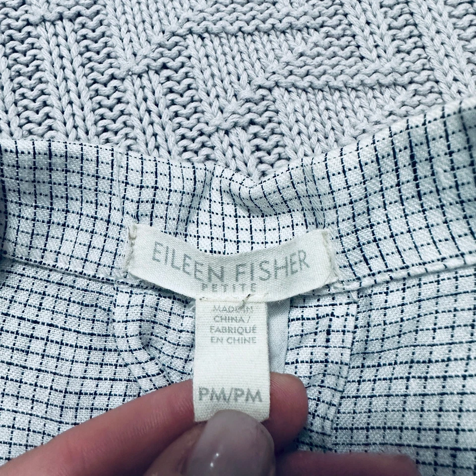 Eileen Fisher cream plaid long linen blazer - Image 3 of 4