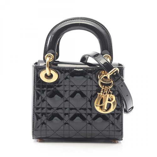 Dior Lady Dior Mini Cannage Shoulder Handbag Patent leather Black Used Women