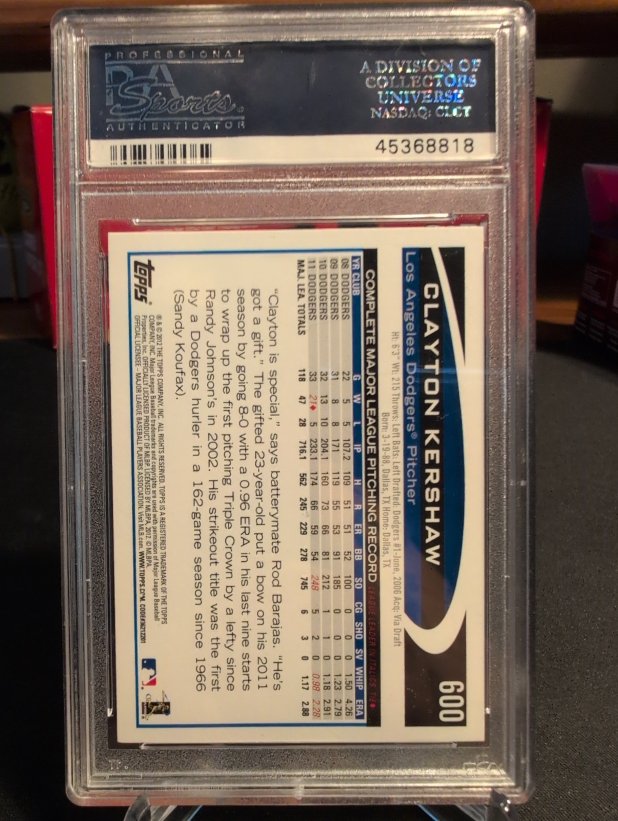 2012 Topps Gold Sparkle Clayton Kershaw #600 PSA 10 GEM MT  view 2