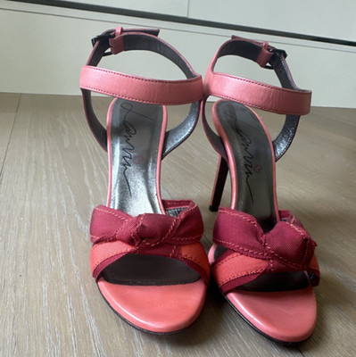 Lanvin Pink Red Bow Ankle Strap Strappy Stiletto Heels Leather Fabric Women 37.5