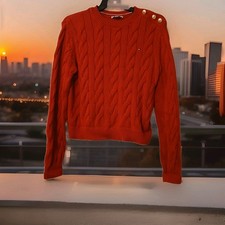 Tommy Hilfiger Women's Small Red Heavy Knit Logo Sweater Gold Bottons 120427