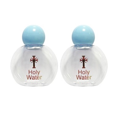 2x Weihwasserflaschen leer wiederverwendbar Kunststoff rund Spender mit blauer Kappe 45ml