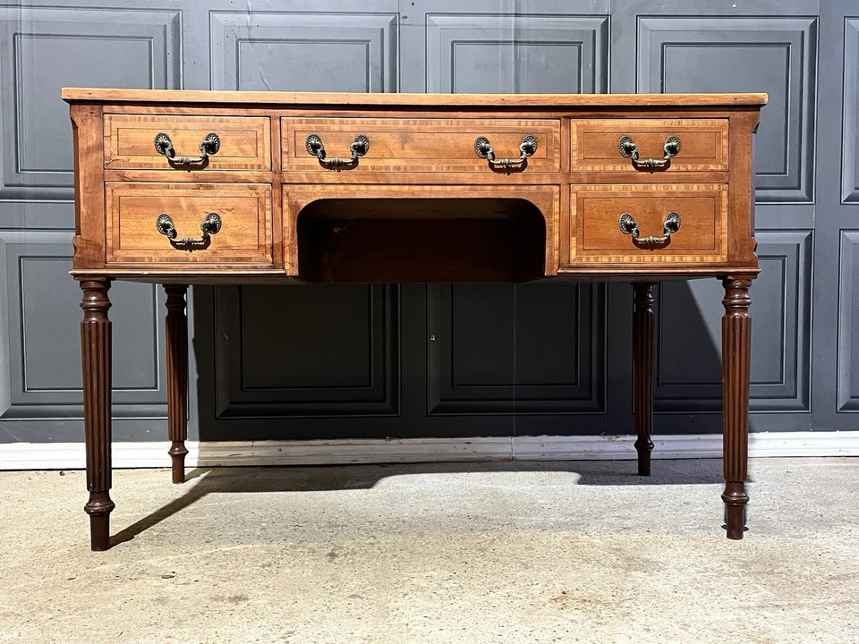 Antique Edwardian Style Double Pedestal Leather Top Inlay Captains Desk - Image 4 of 4