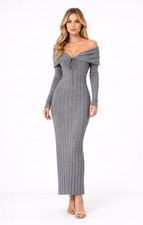 Modern Gray Maxi Stretch Dress S Classy Minimalist Long Sleeve Knit Neutral Fall
