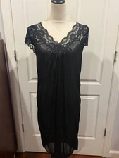 Women Black Silky Short Sleeve VNeck Lace Nightgown Thin 3XL 40"Lx22"W