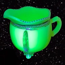 EAPG CUSTARD ENAMELED GEORGIA GEM vaseline gold bead pitcher TARENTUM ca 1900