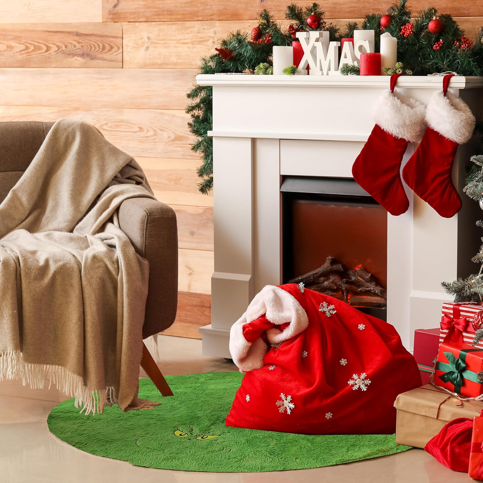 Green Christmas Tree Skirt, 48 Inch Xmas Tree Skirt, Faux Fur Plush