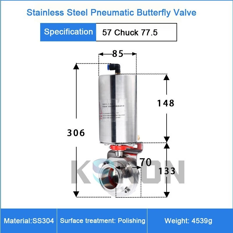 2-1/4'' Sanitary Pneumatic Butterfly Valve SS304L Clamp OD 77.5mm Single Acting - Image 2 of 4