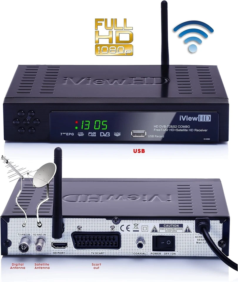IVIEW HD Combo Full HD + Freeview & Satellite Ricevitore TV Sintonizzatore per Freesat Sky Virgin