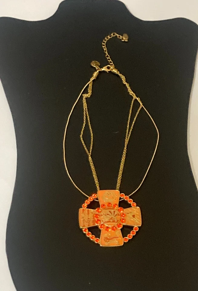 PEREGRINO Diseño Danés Cruz Colgante 3 Cadenas Collar Naranja Gargantilla Ajustable Foto 2 de 4