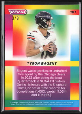 Tyson Bagent 2024 Leaf Vivid #101 Base Gray Lava /9 | eBay
