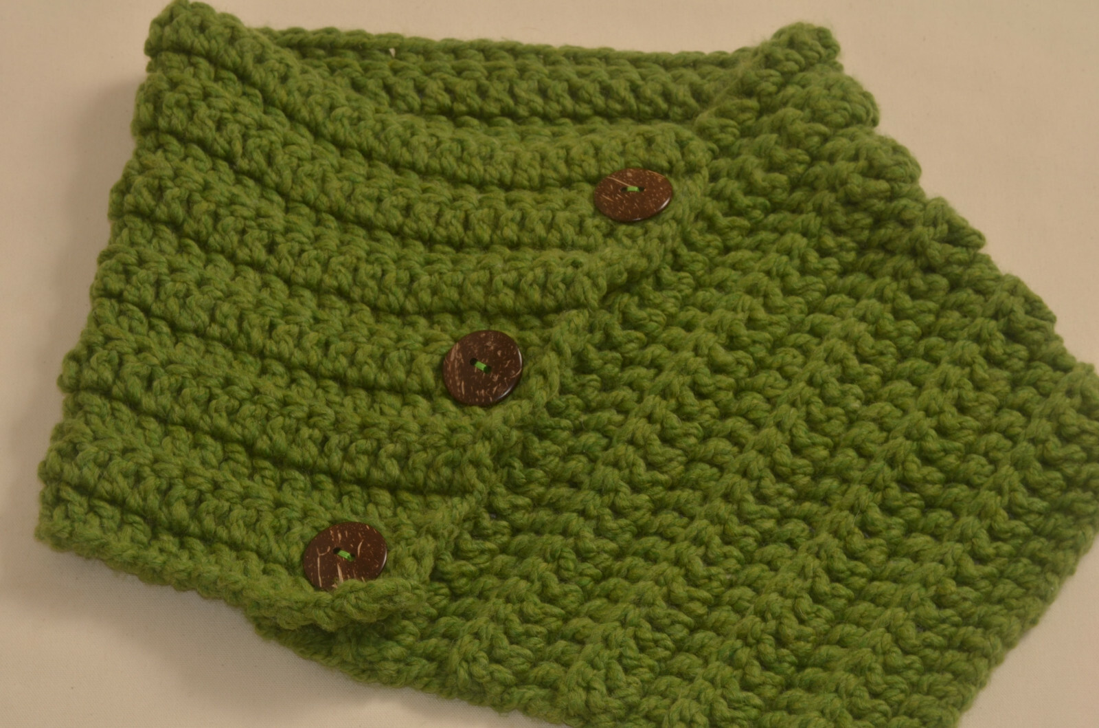 Hand Knit Olive Green Neck Warmer Scarf Wrap with Button Closure