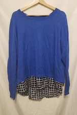 Crown & Ivy Knit Top Large Blue Mixed Media Long Sleeve HI LO Hem THIN