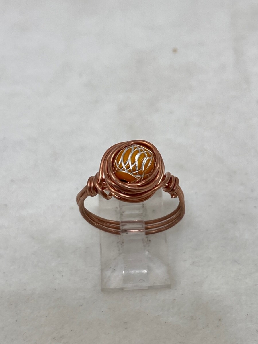 Handmade Copper Wire Wrap Glass Bead Ring Size 1/4 #232