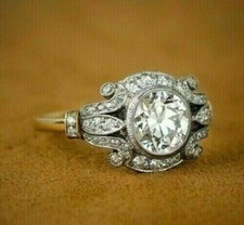 2Ct Round Cut Simulated Diamond Art Deco Engagement Ring 14K Yellow Gold Plated