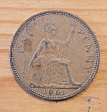 1961 Queen Elizabeth II One Penny 1d coin - Good F