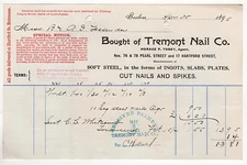 1895 TREMONT NAIL CO BILLHEAD  SPIKES STEEL PEARL ST BOSTON MA HORACE TOBEY
